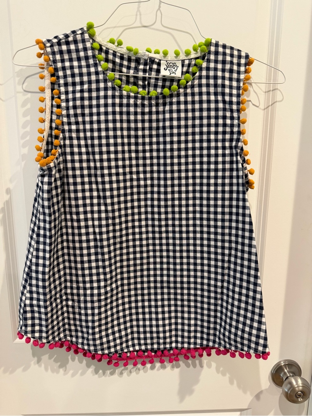 Ivy Jane Black and White Gingham Topwith Green, Orange & Pink Pom Trim Size XS